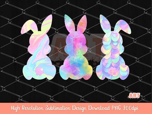 Original Design Colorful Easter Bunnies PNG Sublimation, Fairy Holographic Bunny 2023 Clipart, Magical Spring Rabbit art , Happy Easter Girl