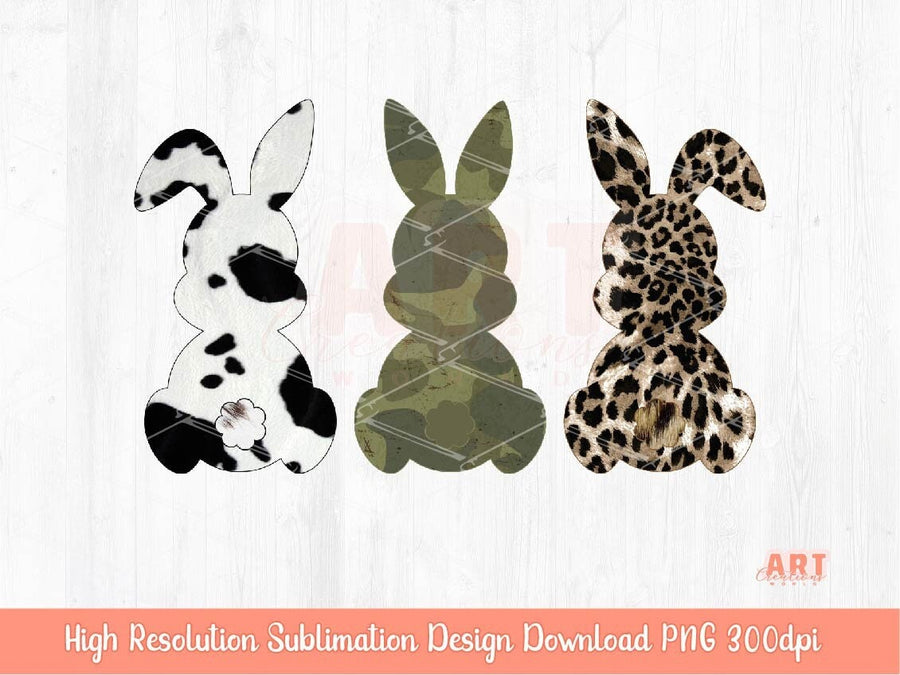 3 Easter Bunnies Camo, Cow print and Leopard Bunny PNG , Western cowhide, Camouflage Military Army Veteran Soldier Easter 2023 Shirt Design