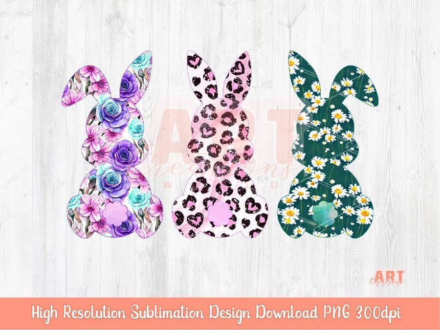 Floral Leopard Easter Bunnies PNG Sublimation, Bunny with flowers, roses bouquet and Ping Glitter Cheetah 2023, Cute Magical Spring Rabbit