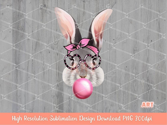 Original Hand Drawn Bunny With Bubblegum, Pink Bandana & Heart Leopard Glasses PNG Sublimation | Cute Watercolor Spring Easter Rabbit 2023