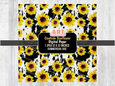 Cowhide Sunflower Digital Paper | Western Black Cow print Background | Black and white Cowhide and Sunflower background design