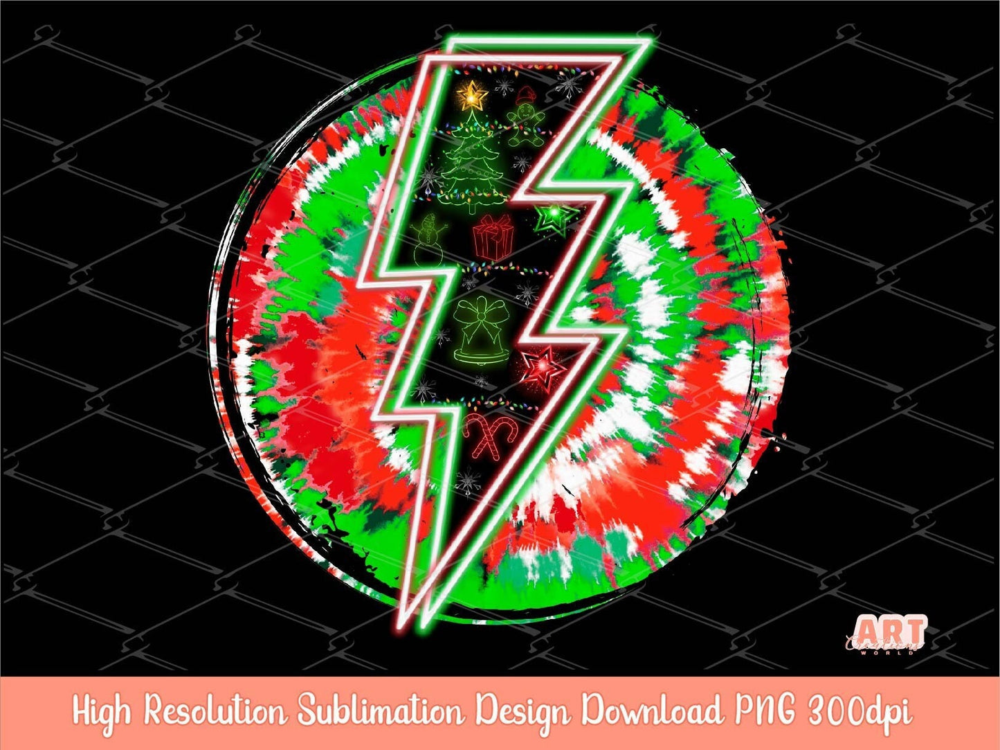 Christmas Neon Tie dye Background Sublimation PNG | Red and Green Neon Lightning Bolt Circle Background | Hippie Christmas Sublimation PNG