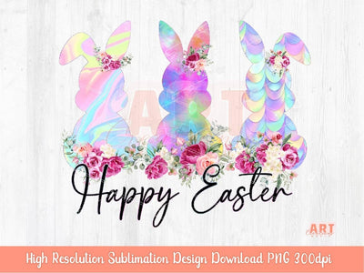Happy Easter PNG Sublimation, Colorful Holographic bunnies with pink flowers & roses bouquet 2023 Clipart, blooming Magical Spring Bunny