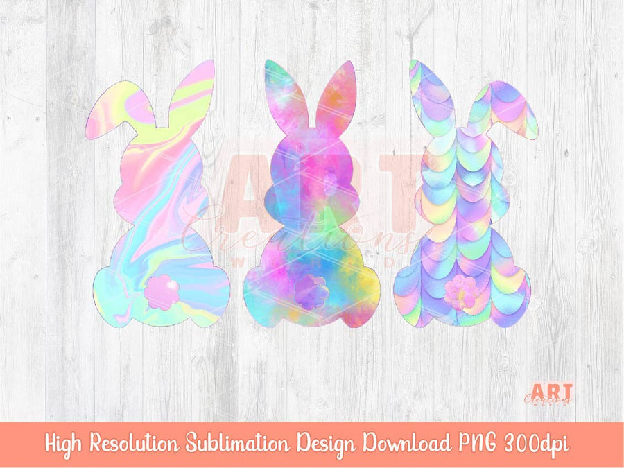 Original Design Colorful Easter Bunnies PNG Sublimation, Fairy Holographic Bunny 2023 Clipart, Magical Spring Rabbit art , Happy Easter Girl