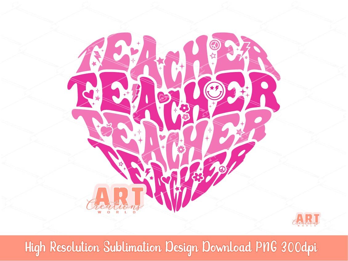 Teacher Pink Heart PNG Sublimation, Custom Retro groovy Layered Text hearts shirt design, love my Teacher, Cute Teacher Life Design download