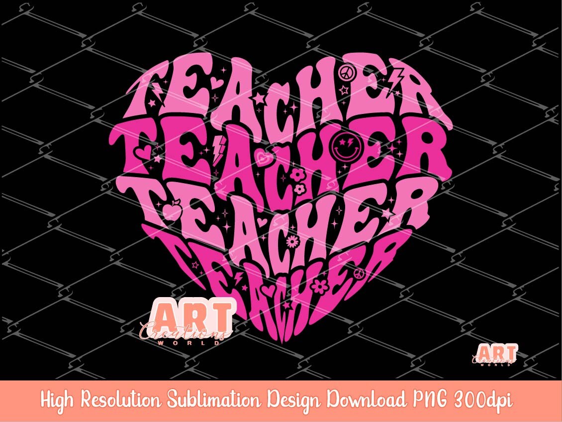 Teacher Pink Heart PNG Sublimation, Custom Retro groovy Layered Text hearts shirt design, love my Teacher, Cute Teacher Life Design download