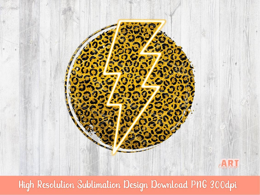 Yellow Gold Glitter Leopard Background Sublimation PNG | Gold Lightning Bolt Background | Yellow Grunge Circle Leopard Clipart