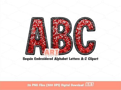 Sequin Letters PNG, Red and Black Faux Embroidered Glitter Sequin PNG Alphabet Set Clipart, Custom Sequin name and colors Digital Download