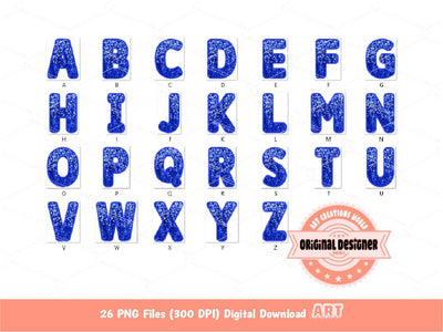 Blue Sequin Letters PNG, Original Designer Faux Embroidered Royal Glitter Sequins Alphabet Set Clipart, Custom Alpha color Digital Download