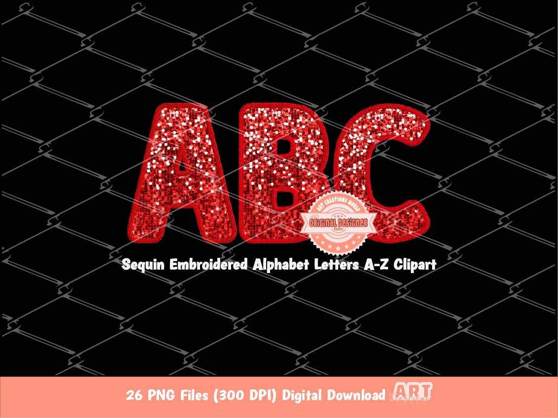 Red Sequin Letters PNG, Original Designer Faux Embroidered Glitter Sequins Alphabet Set Clipart, Valentines day alpha A-Z Digital Download