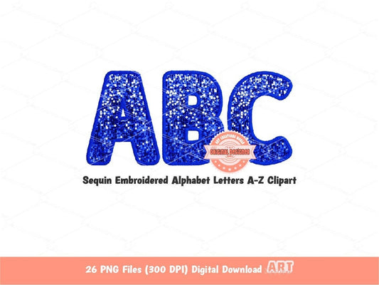 Blue Sequin Letters PNG, Original Designer Faux Embroidered Royal Glitter Sequins Alphabet Set Clipart, Custom Alpha color Digital Download