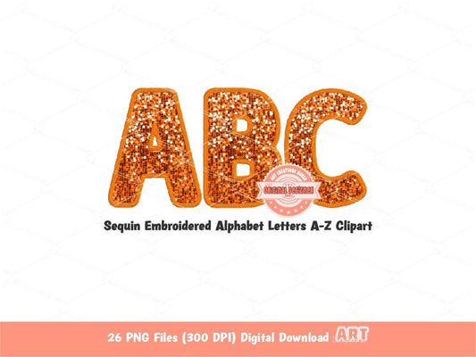 Orange Sequin Letters PNG, Original Designer Faux Embroidered Fall Halloween Glitter Sequins Alphabet Set Clipart, Custom Digital Download