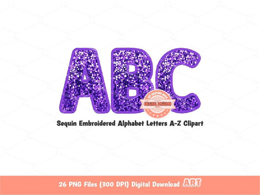 Purple Sequin Letters PNG, Original Designer Faux Embroidered Glitter Sequins Alphabet Set Clipart, Custom Alpha color Digital Download