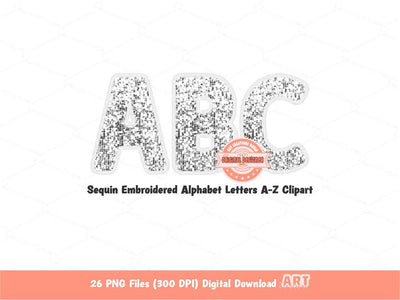 White Sequin Letters PNG, Original Designer Faux Embroidered Silver White Glitter Sequins Alphabet Set Clipart, Custom PNG Digital Download