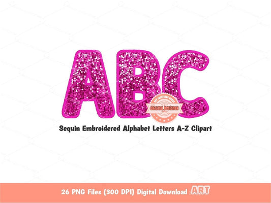 Pink Sequin Letters PNG, Original Designer Faux Embroidered Royal Fuchsia Glitter Sequins Alphabet Set Clipart, October PNG Digital Download