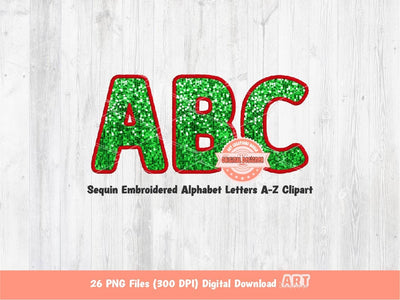 Neon Christmas Sequin Letters PNG, Original Designer Faux Embroidered Glowing Green &amp; Red Glitter Sequins Alphabet Set Clipart PNG Downloads