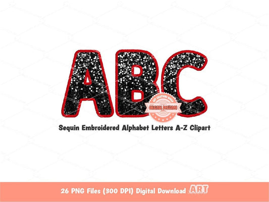 Red and Black Sequin Letters PNG, Original Designer Faux Embroidered Glitter Sequins Alphabet Set Clipart, Custom alpha A-Z Digital Download