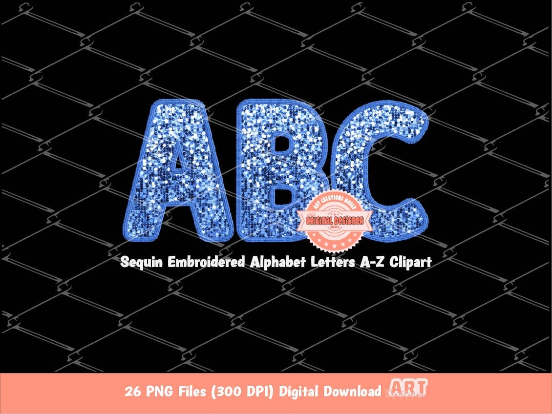 Light Blue Sequin Letters PNG, Original Designer Faux Embroidered Baby blue Glitter Sequins Alphabet Set Clipart, Sky color Digital Download