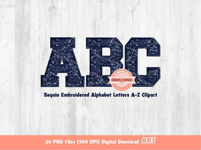 Navy Sequin Letters PNG, Original Varsity Alphabet Set Clipart with Faux Embroidery Dark Blue Glitter Sequins alpha Set A-Z Digital Download