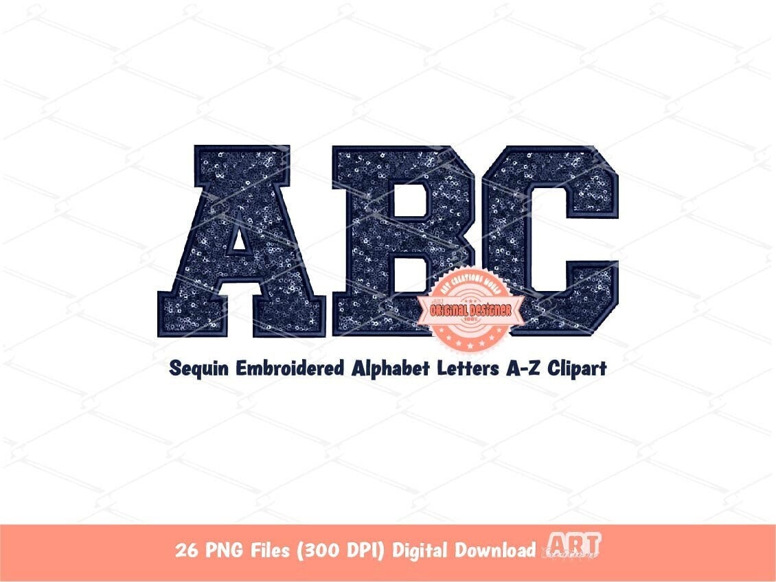 Navy Sequin Letters PNG, Original Varsity Alphabet Set Clipart with Faux Embroidery Dark Blue Glitter Sequins alpha Set A-Z Digital Download