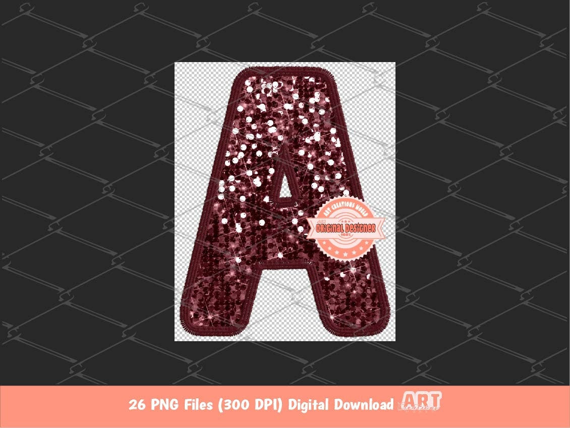 Maroon Sequin Letters PNG, Original Faux Embroidered Dark Red Glitter Sequins Alphabet Set Clipart, Custom alpha Color A-Z Digital Download