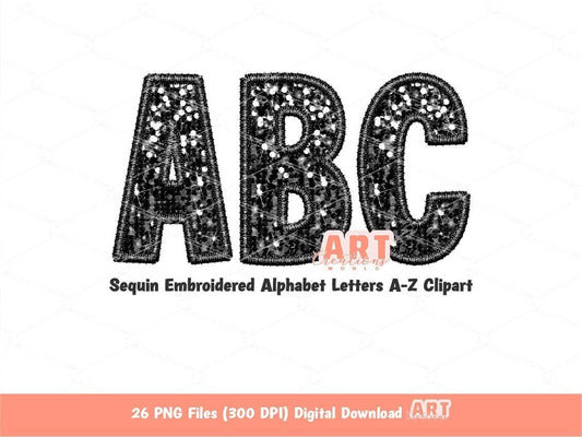 Black Sequin Letters PNG, Faux Embroidered Glitter Sequins PNG Alphabet Set Clipart, Custom Team name Mascot and colors Digital Download