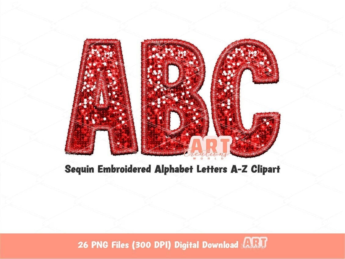 Red Sequin Letters PNG, Faux Embroidered Glitter Sequins PNG Alphabet Set Clipart, Custom Team name Mascot and colors Digital Download