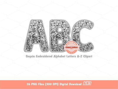 Silver Sequin Letters PNG, Original Designer Faux Embroidered Grey Glitter Sequins Alphabet Set Clipart, Custom Color PNG Digital Download