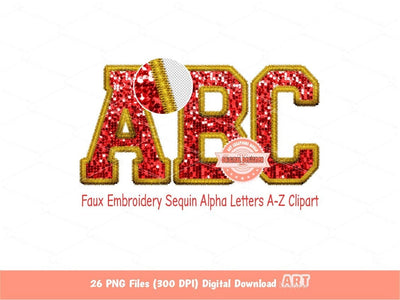 Gold and Red Faux Embroidery Sequin Letters PNG, Original Designer Varsity Glitter Sequins Alphabet Set Clipart, alpha A-Z Digital Download