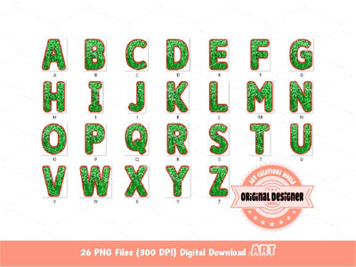 Neon Christmas Sequin Letters PNG, Original Designer Faux Embroidered Glowing Green &amp; Red Glitter Sequins Alphabet Set Clipart PNG Downloads