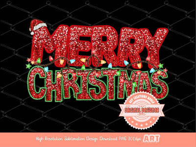 Merry Christmas Sequin PNG, Original Xmas Faux Embroidery with Red and Green Glitter sequins T shirt Design, Christmas Lights and Santa hat