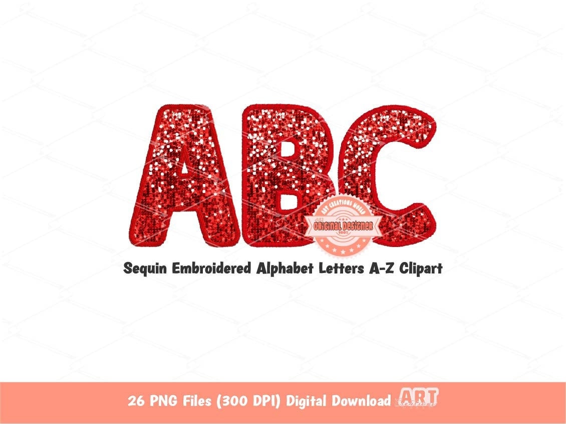 Red Sequin Letters PNG, Original Designer Faux Embroidered Glitter Sequins Alphabet Set Clipart, Valentines day alpha A-Z Digital Download