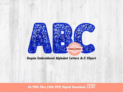 Blue Sequin Letters PNG, Original Designer Faux Embroidered Royal Glitter Sequins Alphabet Set Clipart, Custom Alpha color Digital Download