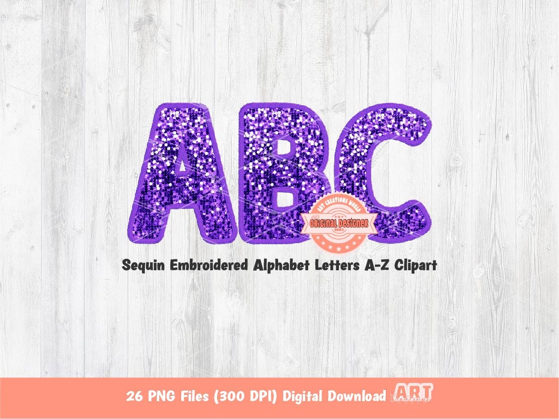 Purple Sequin Letters PNG, Original Designer Faux Embroidered Glitter Sequins Alphabet Set Clipart, Custom Alpha color Digital Download