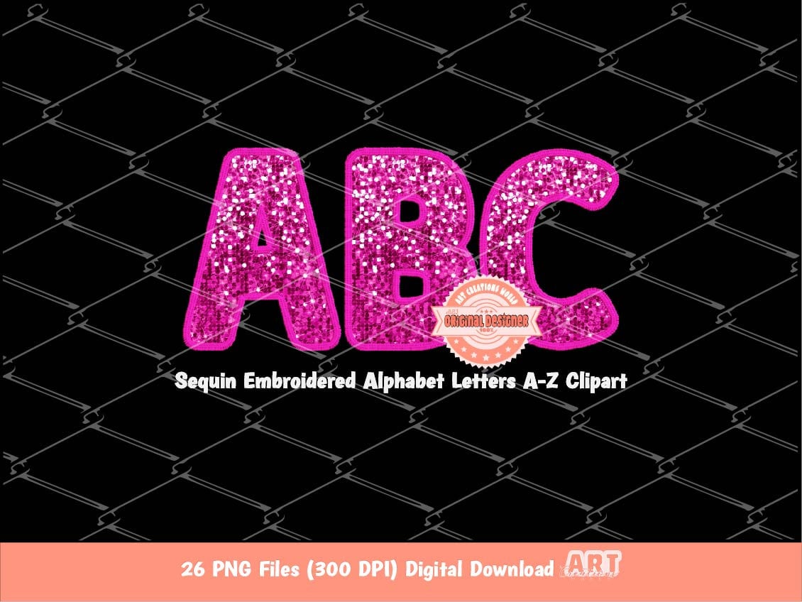 Pink Sequin Letters PNG, Original Designer Faux Embroidered Royal Fuchsia Glitter Sequins Alphabet Set Clipart, October PNG Digital Download