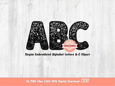 Black Sequin Letters PNG, Original Designer Faux Embroidered Glitter Sequins Alphabet Set Clipart, Custom alpha A-Z color Digital Download