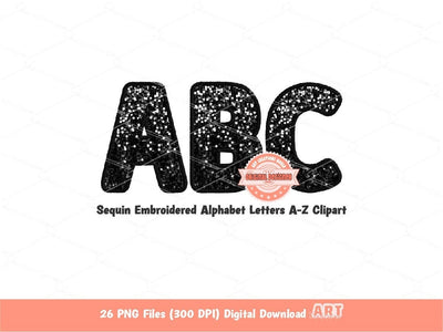 Black Sequin Letters PNG, Original Designer Faux Embroidered Glitter Sequins Alphabet Set Clipart, Custom alpha A-Z color Digital Download