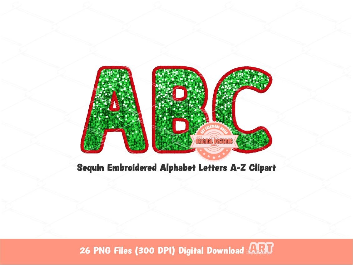 Neon Christmas Sequin Letters PNG, Original Designer Faux Embroidered Glowing Green &amp; Red Glitter Sequins Alphabet Set Clipart PNG Downloads