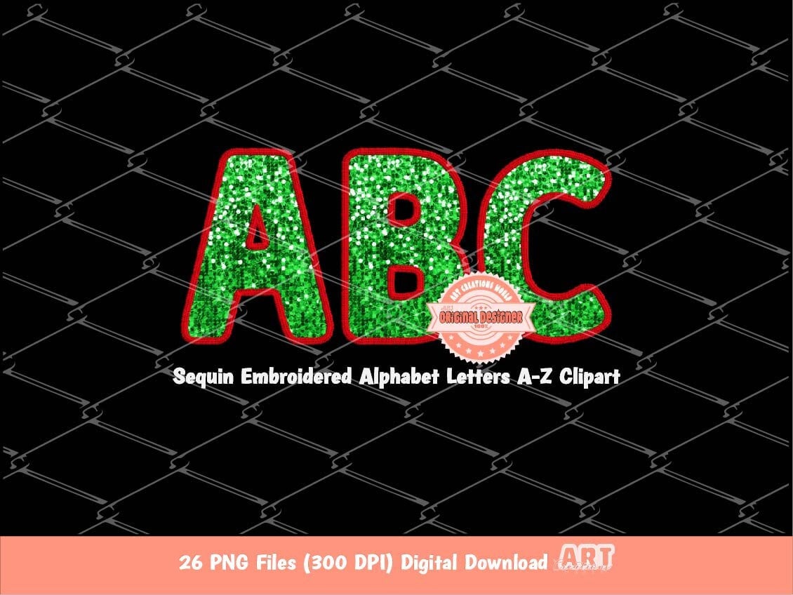 Neon Christmas Sequin Letters PNG, Original Designer Faux Embroidered Glowing Green &amp; Red Glitter Sequins Alphabet Set Clipart PNG Downloads