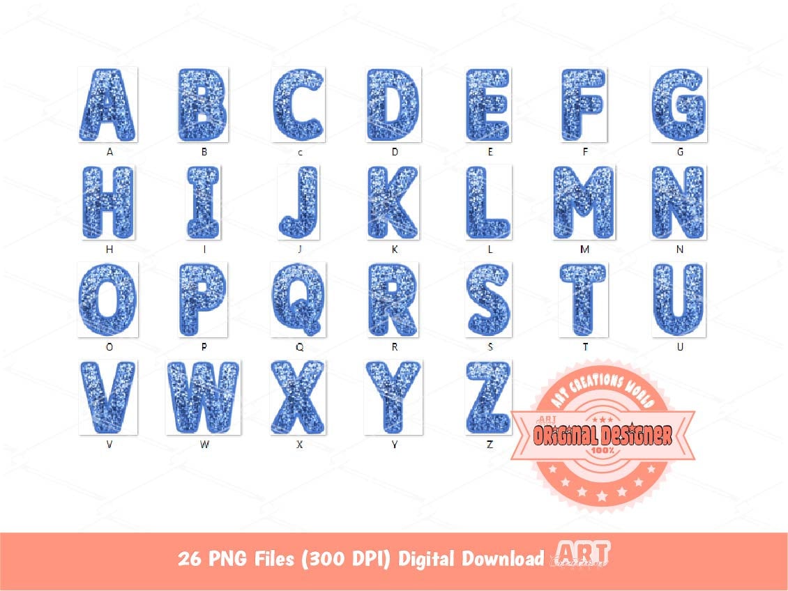 Light Blue Sequin Letters PNG, Original Designer Faux Embroidered Baby blue Glitter Sequins Alphabet Set Clipart, Sky color Digital Download