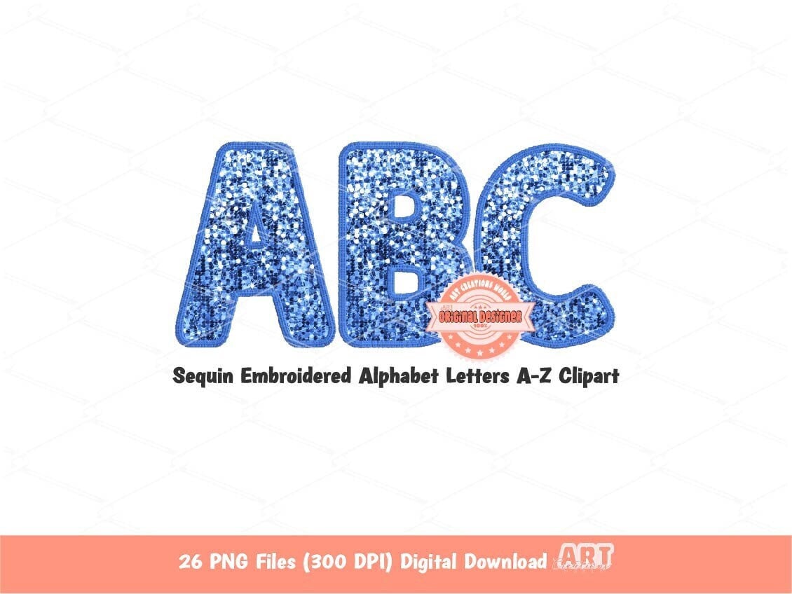 Light Blue Sequin Letters PNG, Original Designer Faux Embroidered Baby blue Glitter Sequins Alphabet Set Clipart, Sky color Digital Download