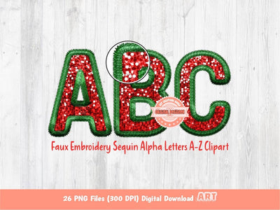 Faux Embroidery Sequin Christmas Letters PNG, Original Designer Green Red Glitter Sequins Alphabet Set Clipart, Holiday Digital Download
