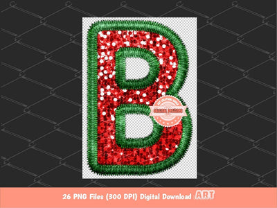 Faux Embroidery Sequin Christmas Letters PNG, Original Designer Green Red Glitter Sequins Alphabet Set Clipart, Holiday Digital Download