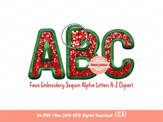 Faux Embroidery Sequin Christmas Letters PNG, Original Designer Green Red Glitter Sequins Alphabet Set Clipart, Holiday Digital Download