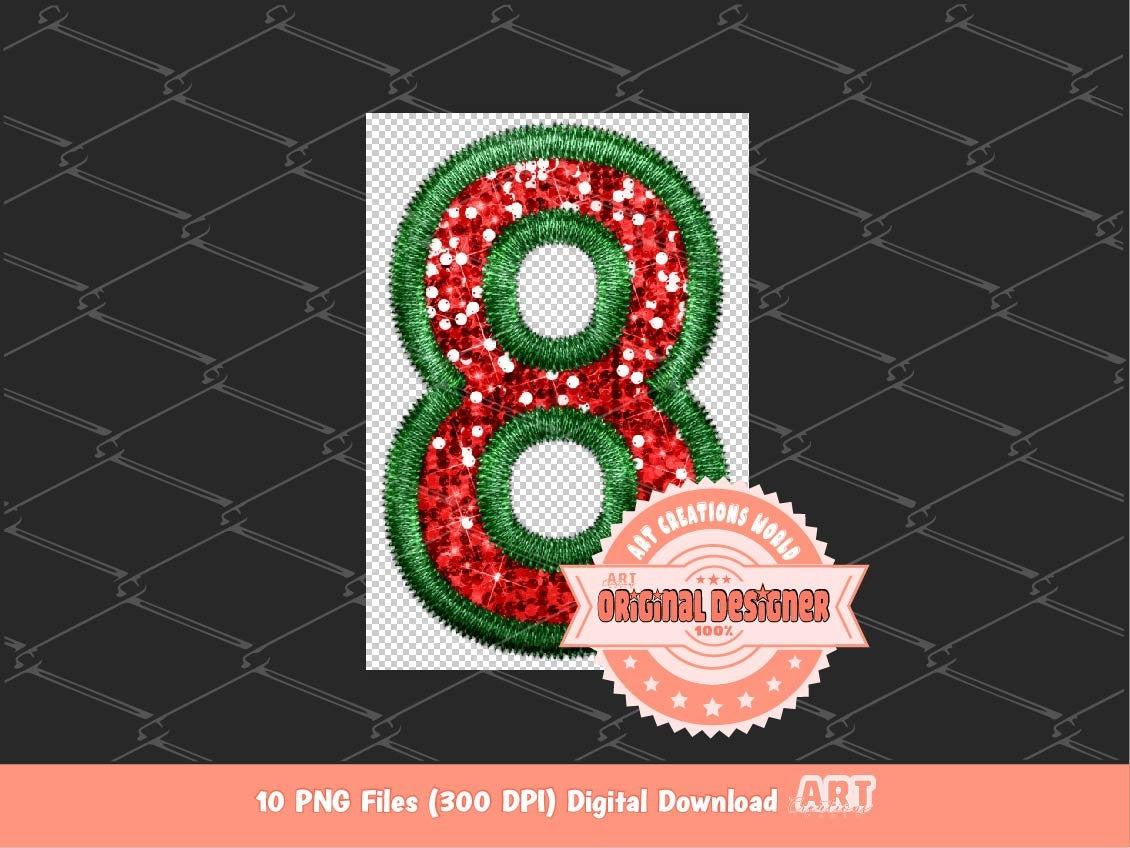 Faux Embroidery Sequin Christmas Numbers PNG, Original Designer Green Red Glitter Sequins Numbers Set 0-9 Clipart, Holiday Digital Download