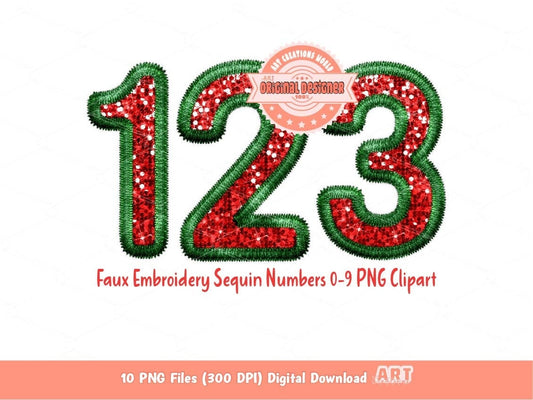 Faux Embroidery Sequin Christmas Numbers PNG, Original Designer Green Red Glitter Sequins Numbers Set 0-9 Clipart, Holiday Digital Download