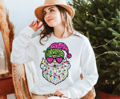 Pink Santa Sunglasses Sequin PNG, Cute Santa face with Hat and Christmas Lights, Glitter sequins Stars Sublimation T shirt Design Download