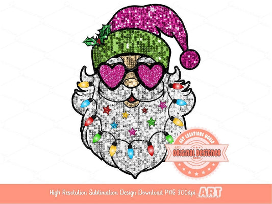 Pink Santa Sunglasses Sequin PNG, Cute Santa face with Hat and Christmas Lights, Glitter sequins Stars Sublimation T shirt Design Download