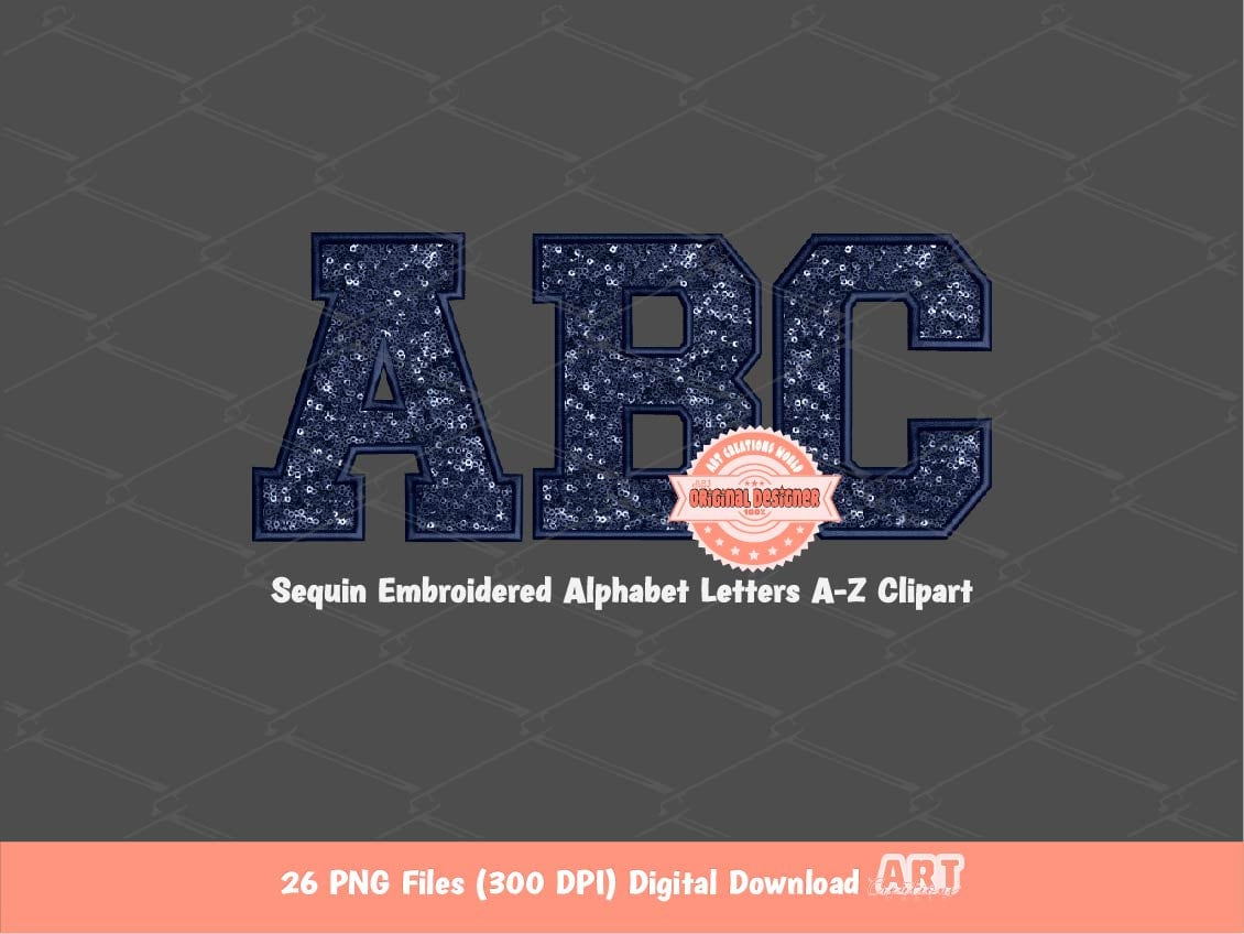 Navy Sequin Letters PNG, Original Varsity Alphabet Set Clipart with Faux Embroidery Dark Blue Glitter Sequins alpha Set A-Z Digital Download