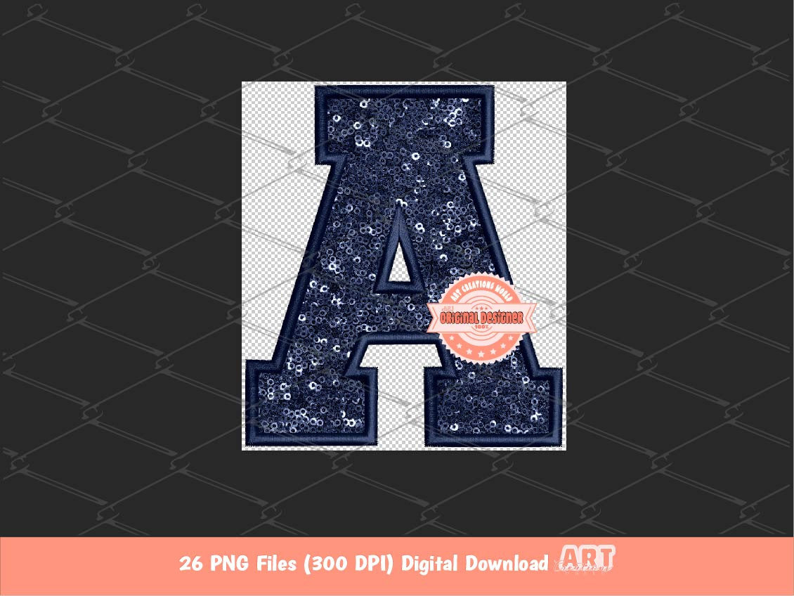 Navy Sequin Letters PNG, Original Varsity Alphabet Set Clipart with Faux Embroidery Dark Blue Glitter Sequins alpha Set A-Z Digital Download